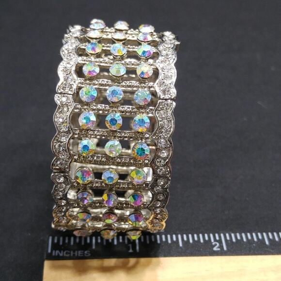 Aurora Borealis Rhinestone Cuff Bracelet, Silver Tone Stretch Metal Wide, 6 1/2" - Picture 7 of 8